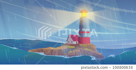 Lighthouse on cliff island in storm sea vector 100800638