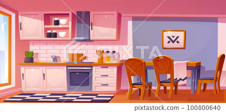 Cartoon kitchen interior with table in vector Cartoon kitchen interior with table in vector 100800640