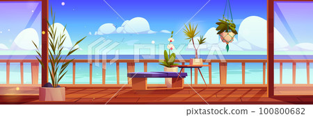 Open balcony glass window with sea view vector 100800682