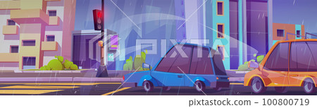Cartoon city street with cars in rainy weather Cartoon city street with cars in rainy weather 100800719