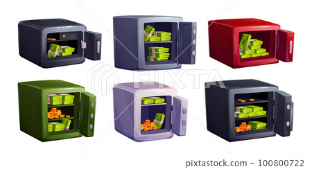 Open door safe box with money deposit vector set Open door safe box with money deposit vector set 100800722