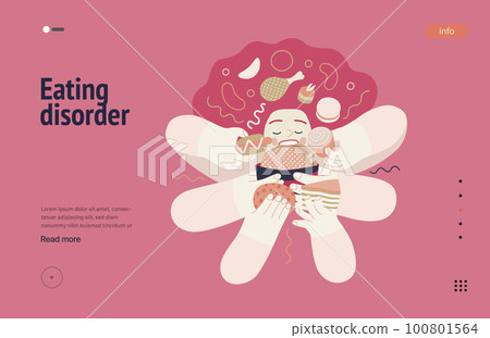 Mental disorders web template. Eating disorder - modern flat vector illustration of a woman stuffing herself meeting with a stress experience. People emotional, psychological, mental traumas concept 100801564