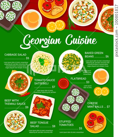 Georgian cuisine restaurant meals menu template. Flatbread, beef tongue salad and stuffed tomatoes, cabbage salad, beef with Tkemali sauce and cheese balls, tomato sauce Satsebeli, baked green beans Georgian cuisine restaurant meals menu template. Flatbread, beef tongue salad and stuffed tomatoes, cabbage salad, beef with Tkemali sauce and cheese balls, tomato sauce Satsebeli, baked green beans 100801817