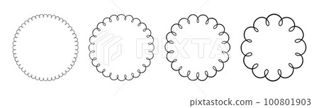 Doodle circle and oval scalloped frames. Hand drawn scalloped edge ellipse shapes. Simple round label form. Flower silhouette lace frame. Vector illustration isolated on white background 100801903