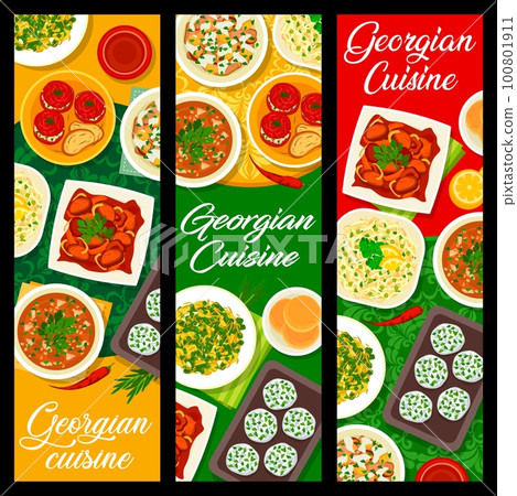Georgian cuisine food banners. Vector baked green beans, flatbread and beef tongue salad, tomato sauce Satsebeli, stuffed tomatoes and cabbage salad, beef with Tkemali sauce, cheese mint balls Georgian cuisine food banners. Vector baked green beans, flatbread and beef tongue salad, tomato sauce Satsebeli, stuffed tomatoes and cabbage salad, beef with Tkemali sauce, cheese mint balls 100801911