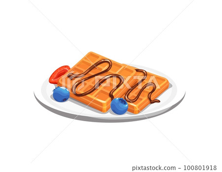 Cartoon belgian waffles. Isolated vector baked dessert with chocolate topping and fresh berries. Homemade pastry on plate with choco sauce, strawberry and blueberry. Delicious breakfast or cafe meal Cartoon belgian waffles. Isolated vector baked dessert with chocolate topping and fresh berries. Homemade pastry on plate with choco sauce, strawberry and blueberry. Delicious breakfast or cafe meal 100801918