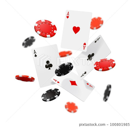 Flying casino poker cards and chips. Realistic 3d vector gambling game, jack pot, falling aces, red and black round pieces. Big win online casino bets, internet gamble or vegas club playing recreation Flying casino poker cards and chips. Realistic 3d vector gambling game, jack pot, falling aces, red and black round pieces. Big win online casino bets, internet gamble or vegas club playing recreation 100801985