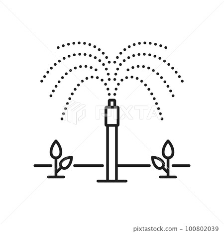 Garden and field irrigation system icon. Plants aquaponics drip water, farm irrigation automatic system or seedling sprinkling technology vector sign. Agriculture watering equipment outline pictogram 100802039