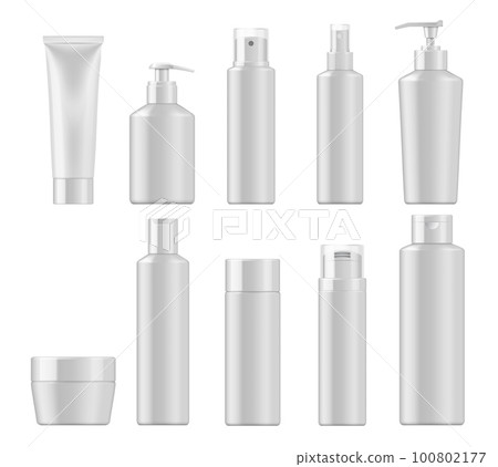Cosmetics package mockups. Vector realistic containers of beauty products, white blank plastic bottles, tubes and jar for cream, lotion and shampoo, skin care spray, shower gel, bath oil, liquid soap Cosmetics package mockups. Vector realistic containers of beauty products, white blank plastic bottles, tubes and jar for cream, lotion and shampoo, skin care spray, shower gel, bath oil, liquid soap 100802177