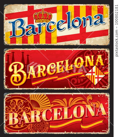Barcelona travel stickers and plates or Spain city luggage tags, vector tin signs. Spain travel and tourism plates with Spanish flag, landmark of Sagrada Familia and city emblem or coat of arms Barcelona travel stickers and plates or Spain city luggage tags, vector tin signs. Spain travel and tourism plates with Spanish flag, landmark of Sagrada Familia and city emblem or coat of arms 100802181