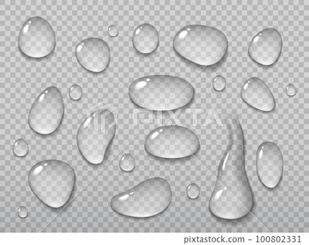 Realistic water drops on transparent background. Vector droplets of rain or dew, water vapor or steam condensation on wet surface. 3d clear aqua drops and liquid bubbles with light reflections Realistic water drops on transparent background. Vector droplets of rain or dew, water vapor or steam condensation on wet surface. 3d clear aqua drops and liquid bubbles with light reflections 100802331
