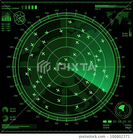 Air control radar screen with airplanes and world map. Vector HUD ui of air traffic control system, plane navigation and flight tracking digital display futuristic interface with green radar scan Air control radar screen with airplanes and world map. Vector HUD ui of air traffic control system, plane navigation and flight tracking digital display futuristic interface with green radar scan 100802371