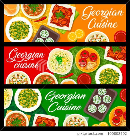 Georgian cuisine food banners. Vector flatbread, beef tongue salad and baked green beans, tomato sauce Satsebeli, stuffed tomatoes and cabbage salad, cheese mint balls, beef with Tkemali sauce Georgian cuisine food banners. Vector flatbread, beef tongue salad and baked green beans, tomato sauce Satsebeli, stuffed tomatoes and cabbage salad, cheese mint balls, beef with Tkemali sauce 100802392