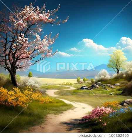 A lone cherry tree growing beside a mountain path rich in nature Spring scenery 100802465