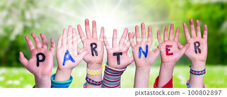 Children Hands Building Word Partner, Grass Meadow 100802897