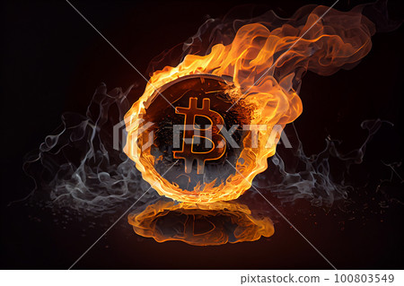 Burning in fire golden bitcoin on black background, Bitcoin coin in flames, burn cryptocurrency bit coin money, crash and blockchain bubble, Generative AI Burning in fire golden bitcoin on black background, Bitcoin coin in flames, burn cryptocurrency bit coin money, crash and blockchain bubble, Generative AI 100803549
