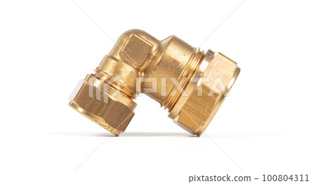 Brass fitting for plumbing pipes, connector for two different sizes, 90 degree angle 100804311