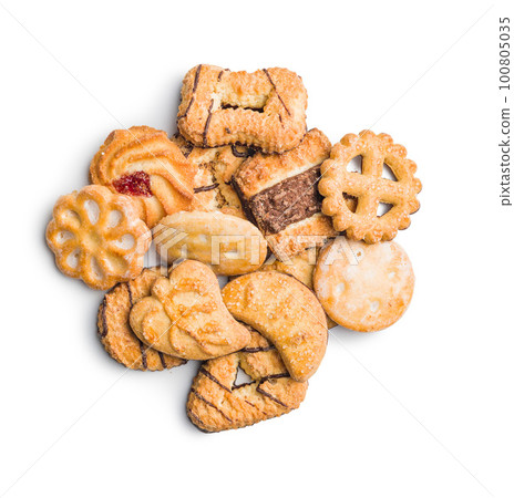 Assorted various cookies. Sweet biscuits isolated on white background. Assorted various cookies. Sweet biscuits isolated on white background. 100805035