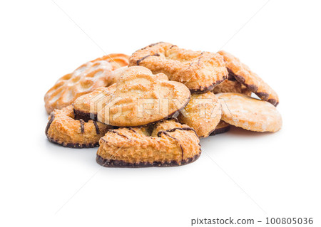 Assorted various cookies. Sweet biscuits isolated on white background. 100805036