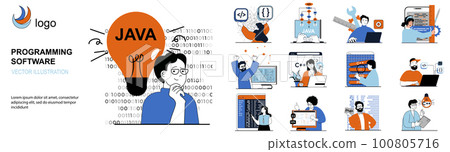 Programming software concept with character situations collection. Bundle of scenes people working on computer and creating programs, coding and fixing code. Vector illustrations in flat web design 100805716