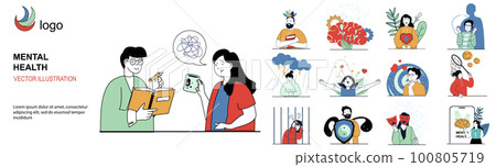 Mental health concept with character situations collection. Bundle of scenes people consult with psychologist, take care about emotional psychological problems. Vector illustrations in flat web design 100805719