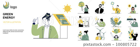 Green energy concept with character situations collection. Bundle of scenes people using alternative energy sources and take care about nature and ecology. Vector illustrations in flat web design 100805722