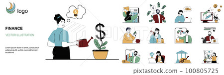 Finance concept with character situations collection. Bundle of scenes people investing and increasing profit, auditing and calculating, financial management. Vector illustrations in flat web design 100805725