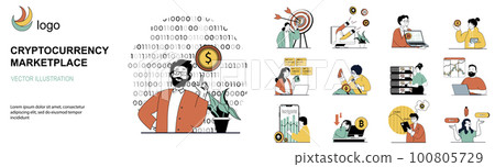 Cryptocurrency marketplace concept with character situations collection. Bundle of scenes people analysing crypto market trends, buying and selling bitcoins. Vector illustrations in flat web design 100805729