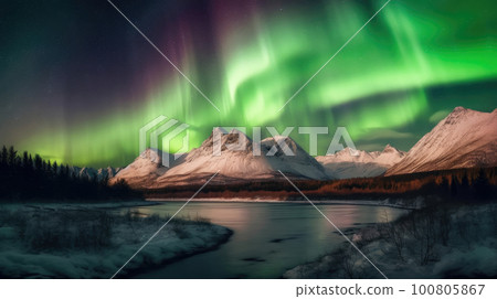 Northern Lights Above Mountains Illustration AI Generative 100805867