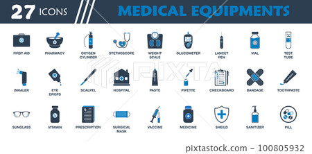 Medical Equipment Icon Set. Collection of First Aid Box, Mortar and Pestle, Stethoscope, Weight Scale, Glucometer, Inhaler, Scalpel, Hospital and Vaccine Icons. Editable Vector Symbol Illustration. 100805932