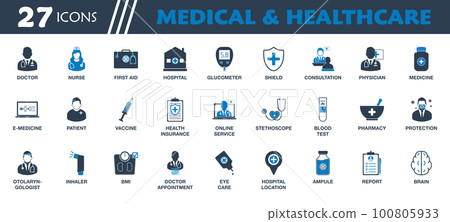 Medical and Healthcare Icon set. Collection of Doctor, Nurse, Hospital, Physician, Medicine, Vaccine, First Aid, Stethoscope and Report icons. Editable Vector Symbol Illustration. 100805933