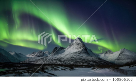 Northern Lights Above Mountains Illustration AI Generative 100806103
