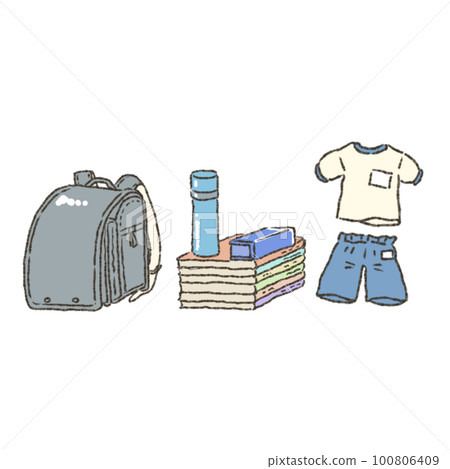 Illustration of a school bag and its contents Illustration of a school bag and its contents 100806409