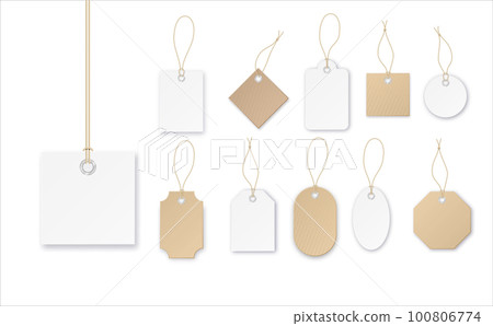 Set of tags or sale vector shopping labels with rope . White paper and brown kraft realistic material. Flat design isolated vector 100806774