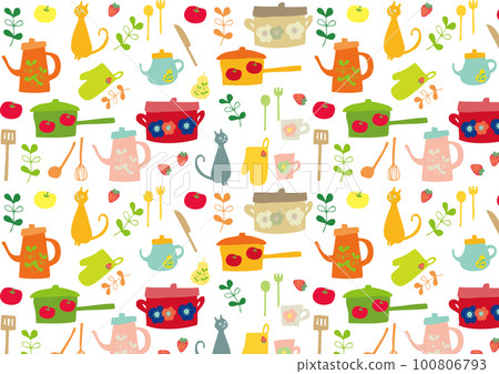 Scandinavian kitchen & cat pattern 100806793