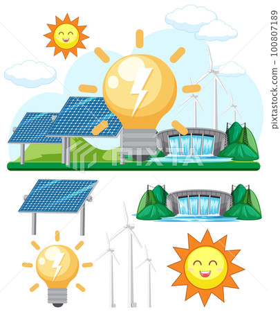Green energy concept with solar panels and wind turbines Green energy concept with solar panels and wind turbines 100807189