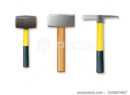 A set of hammers for the processing and extraction of mineral stone. Vector industrial workers tool. Equipment for repair, contract and locksmith work. Vector . A set of hammers for the processing and extraction of mineral stone. Vector industrial workers tool. Equipment for repair, contract and locksmith work. Vector . 100807667