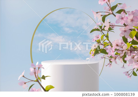 Natural beauty podium backdrop with spring sakura cherry blossom tree branch. Natural beauty podium backdrop with spring sakura cherry blossom tree branch. 100808139