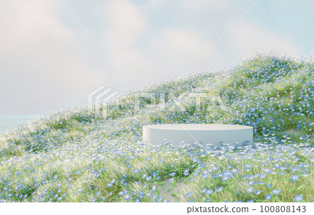 Natural beauty podium backdrop with spring blue flowers landscape scene.  100808143