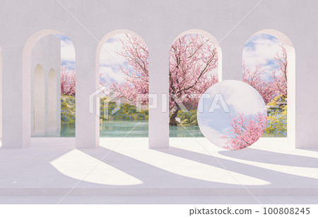 Natural beauty podium backdrop with spring sakura cherry blossom landscape scene. 100808245