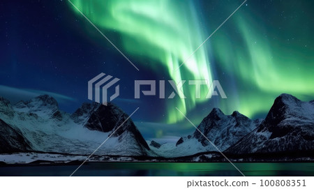 Northern Lights Above Mountains Illustration AI Generative 100808351