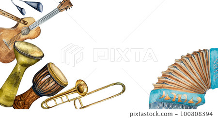 Board of variouse percussion musical instruments watercolor illustration isolated. 100808394