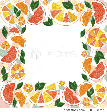 Hand drawn watercolor grapefruit orange and lemon frame with green leaves isolated on white background. Scrapbook, post card, banner, lable. Hand drawn watercolor grapefruit orange and lemon frame with green leaves isolated on white background. Scrapbook, post card, banner, lable. 100808754