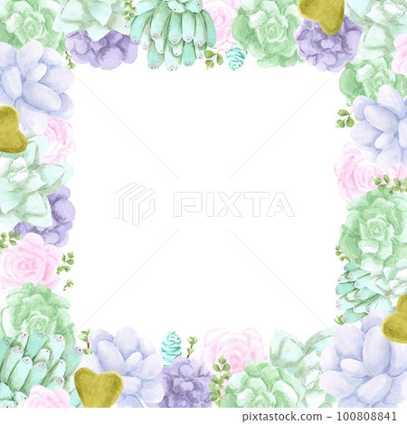 Succulent plants frame boarder on white Background. Hand drawn Watercolor set. Botanical delicate illustration. Scrapbook design elements. Typography poster, card, label, banner design. Succulent plants frame boarder on white Background. Hand drawn Watercolor set. Botanical delicate illustration. Scrapbook design elements. Typography poster, card, label, banner design. 100808841