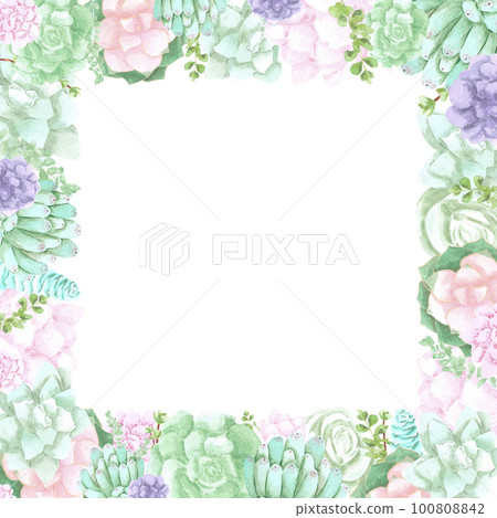 Succulent plants frame boarder on white Background. Hand drawn Watercolor set. Botanical delicate illustration. Scrapbook design elements. Typography poster, card, label, banner design. Succulent plants frame boarder on white Background. Hand drawn Watercolor set. Botanical delicate illustration. Scrapbook design elements. Typography poster, card, label, banner design. 100808842