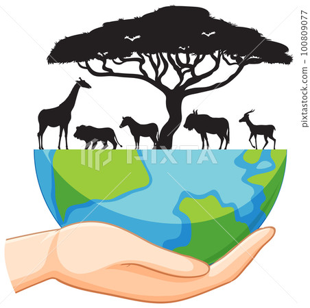 Silhouette wild animals with half of earth vector Silhouette wild animals with half of earth vector 100809077