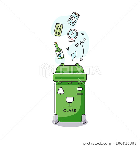 Waste bin for glass. Vector green dustbin for glass recycling. Isolated garbage container icon in cartoon flat style on white background. 100810395