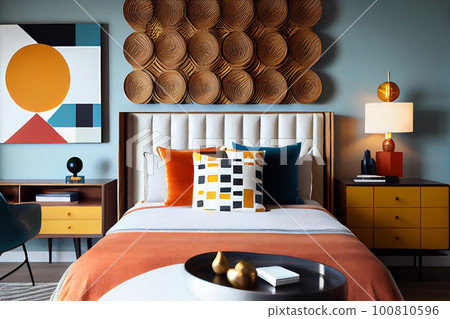 Bedroom with bed. Geometric patterns create stunning accent walls with familiar and simple shapes. Interior decorating with geometric patterns and triangles 100810596
