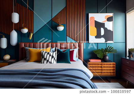 Bedroom with bed and big windows. Geometric patterns create stunning accent walls with familiar and simple shapes. Interior decorating with geometric patterns and triangles 100810597