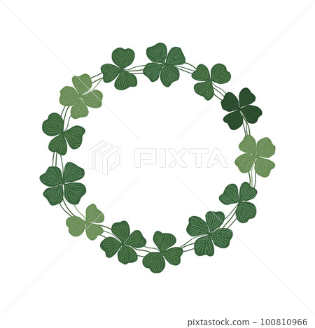 Clover wreath. Round frame of hand drawn clover leaves. St. Patrick day background. Vector flat illustration. Clover wreath. Round frame of hand drawn clover leaves. St. Patrick day background. Vector flat illustration. 100810966